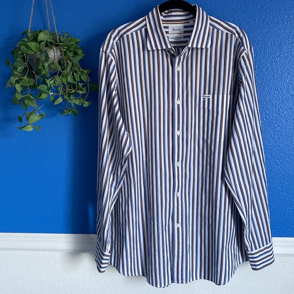 Faconnable Club Fit Striped Long Sleeve Button Down Shirt. White/Tan/Blue. Sz. L - Picture 2 of 16
